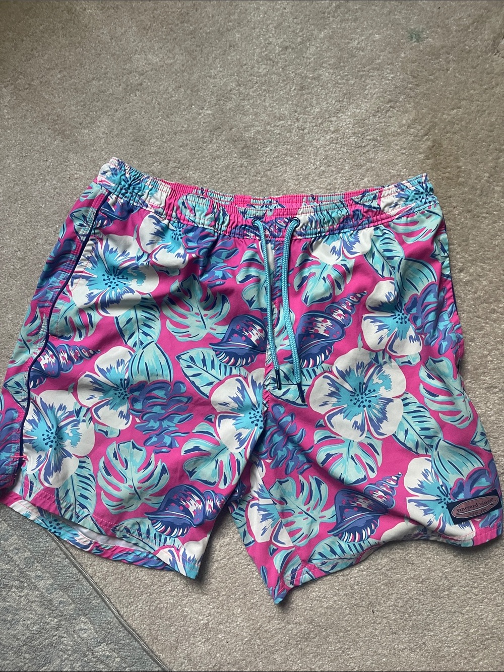 Vineyard Vines Pink & Aqua Tropical Floral Swim Trunks